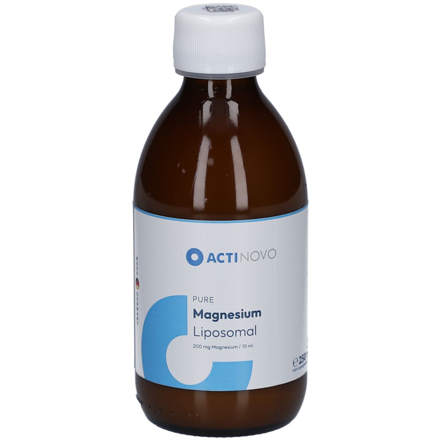 Flacon en verre brun avec bouchon blanc et étiquette. Étiquette avec logo, nom du produit et indication de volume.