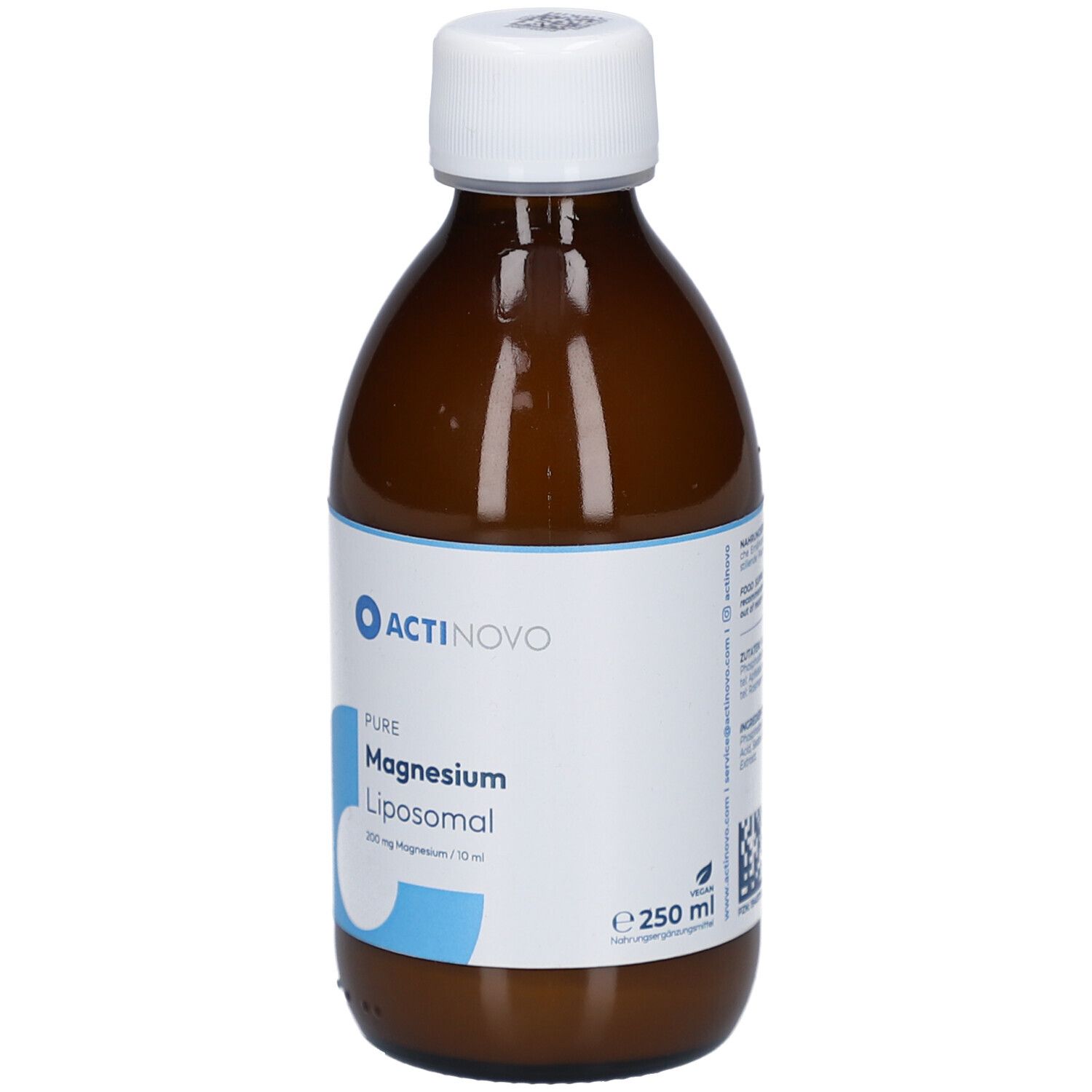 Flacon en verre brun avec bouchon blanc et étiquette. Étiquette avec logo, nom du produit, volume et label végétalien.