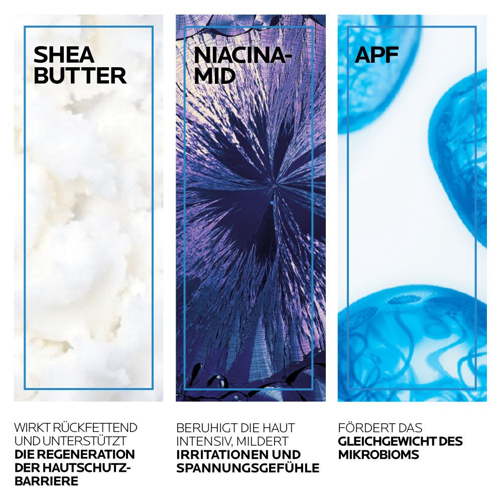 Trois ingrédients : Beurre de karité, Niacinamide et APF. Le texte décrit les effets des ingrédients sur la peau.