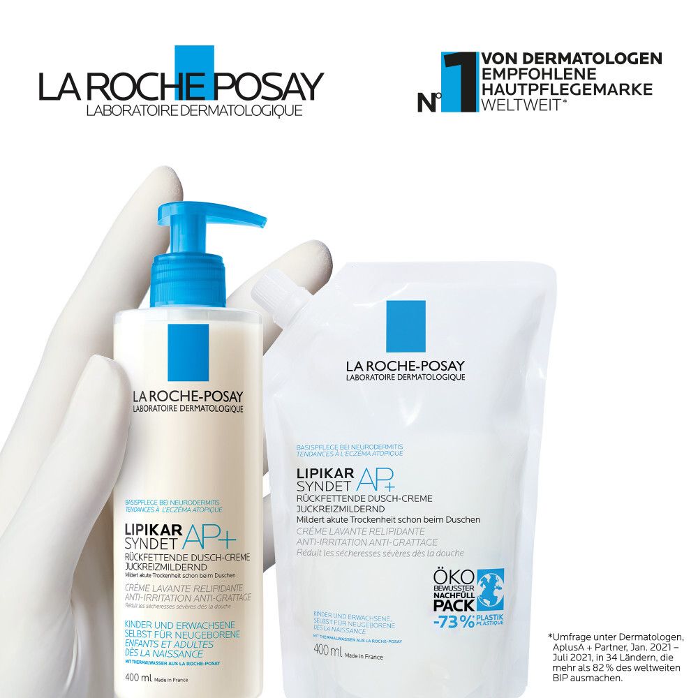 La Roche-Posay LIPIKAR SYNDET AP+ et recharge. Produit blanc avec logo bleu. Recommandé par les dermatologues. 400ml.