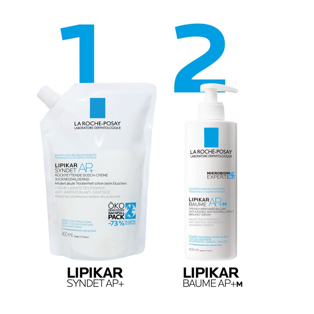 Deux produits : LIPIKAR SYNDET AP+ et LIPIKAR BAUME AP+M. Les deux produits sont blancs avec un logo bleu. 400ml.