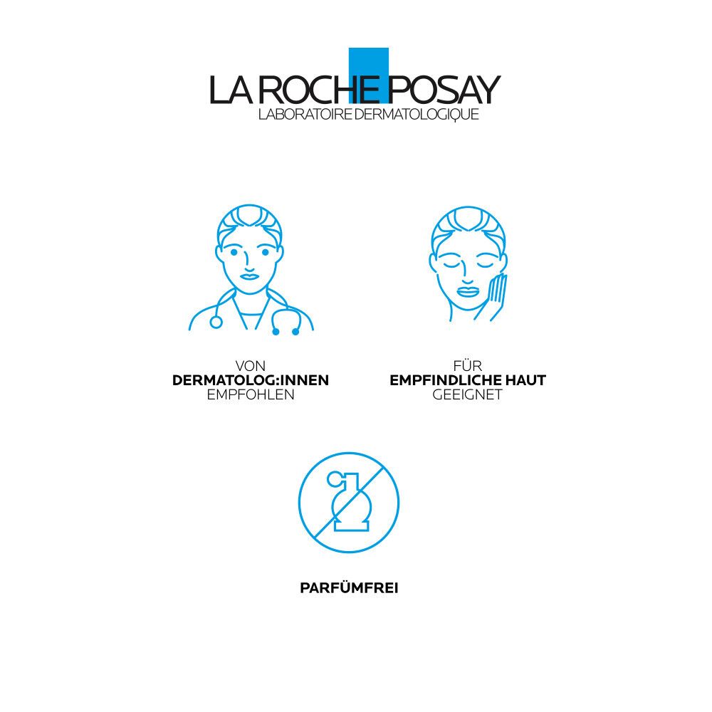 Logo La Roche-Posay. Texte : Recommandé par les dermatologues. Convient aux peaux sensibles. Sans parfum.