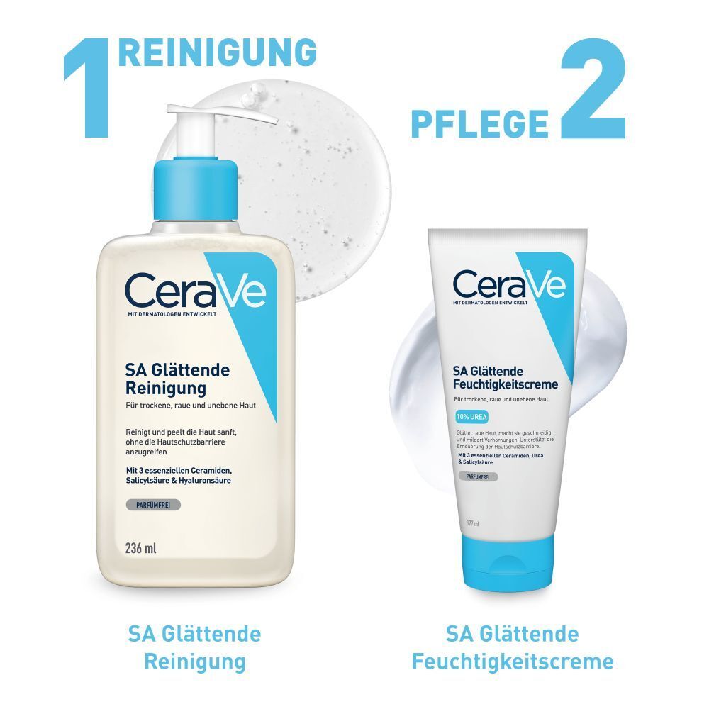 CeraVe SA Nettoyant Lissant et Crème Hydratante. Flacon et tube. Texte : SA Nettoyant Lissant, SA Crème Hydratante. Schéma.