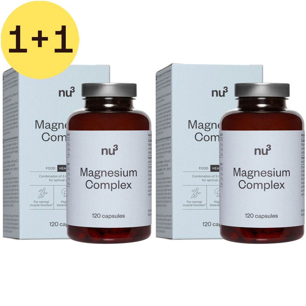 Deux flacons et deux boîtes avec l'inscription "nu3 Magnesium Komplex". Chaque flacon porte la mention "120 capsules".
