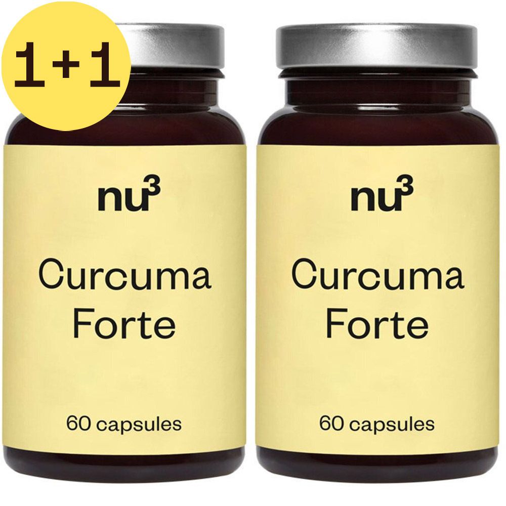 Deux flacons avec étiquettes jaunes. Inscription: nu3 Curcuma Forte, 60 capsules. Offre 1+1.