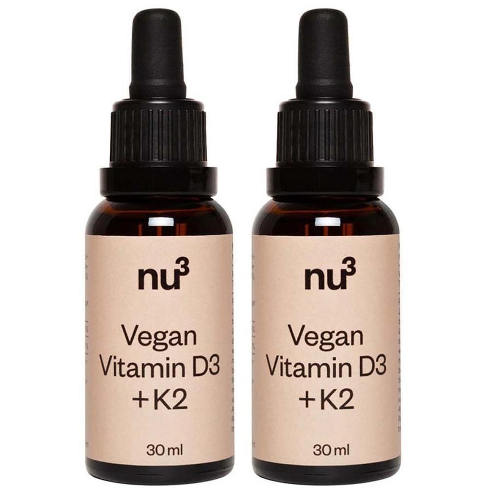 Deux flacons de nu3 Vitamine D3 + K2, 30 ml chacun, avec étiquettes en français.
