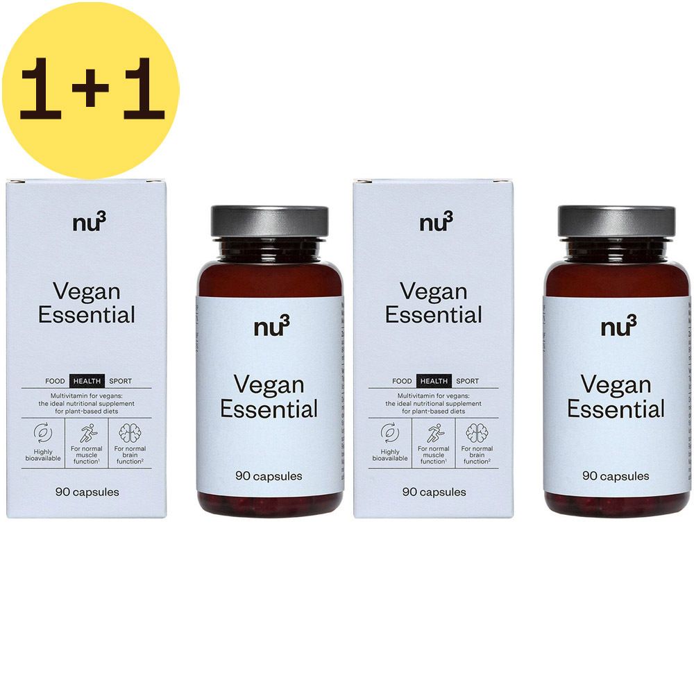 Deux boîtes blanches et deux flacons de pilules marron avec étiquette blanche. Inscription : Vegan Essential, 90 capsules.