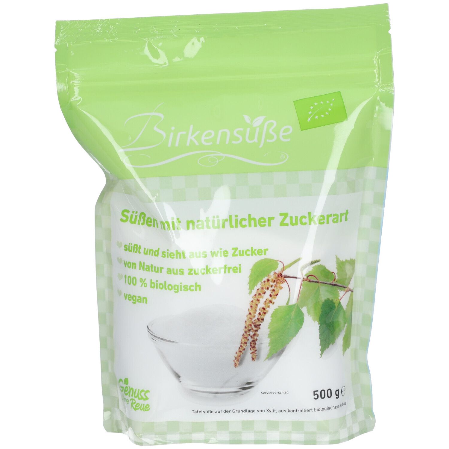 Verpackung von Birkensüße. Grün-transparente Tüte mit Produktnamen und Bio-Siegel. Text: Süßen mit natürlicher Zuckerart, 100% biologisch, vegan.