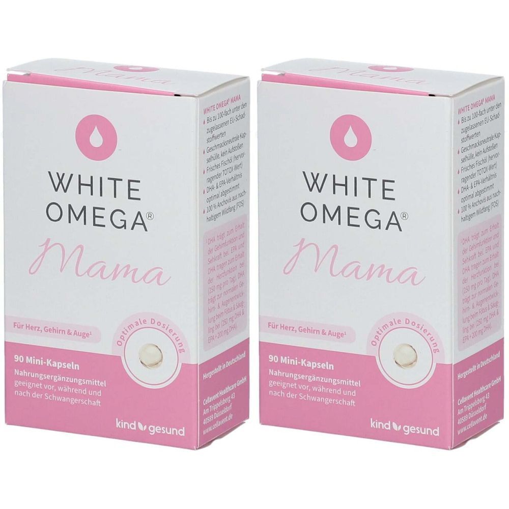 Zwei weiße Kartons mit rosa Akzenten. Aufschrift: WHITE OMEGA Mama. 90 Mini-Kapseln. Kind und Gesundheit Logo.