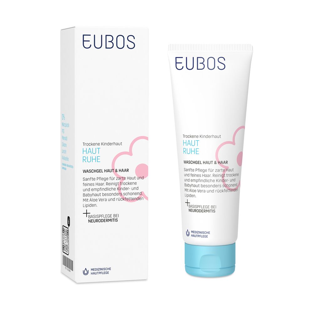 Deux tubes de gel lavant EUBOS pour enfants. Blanc, avec texte bleu et rose. Inscription : HAUT RUHE, soin médical de la peau.