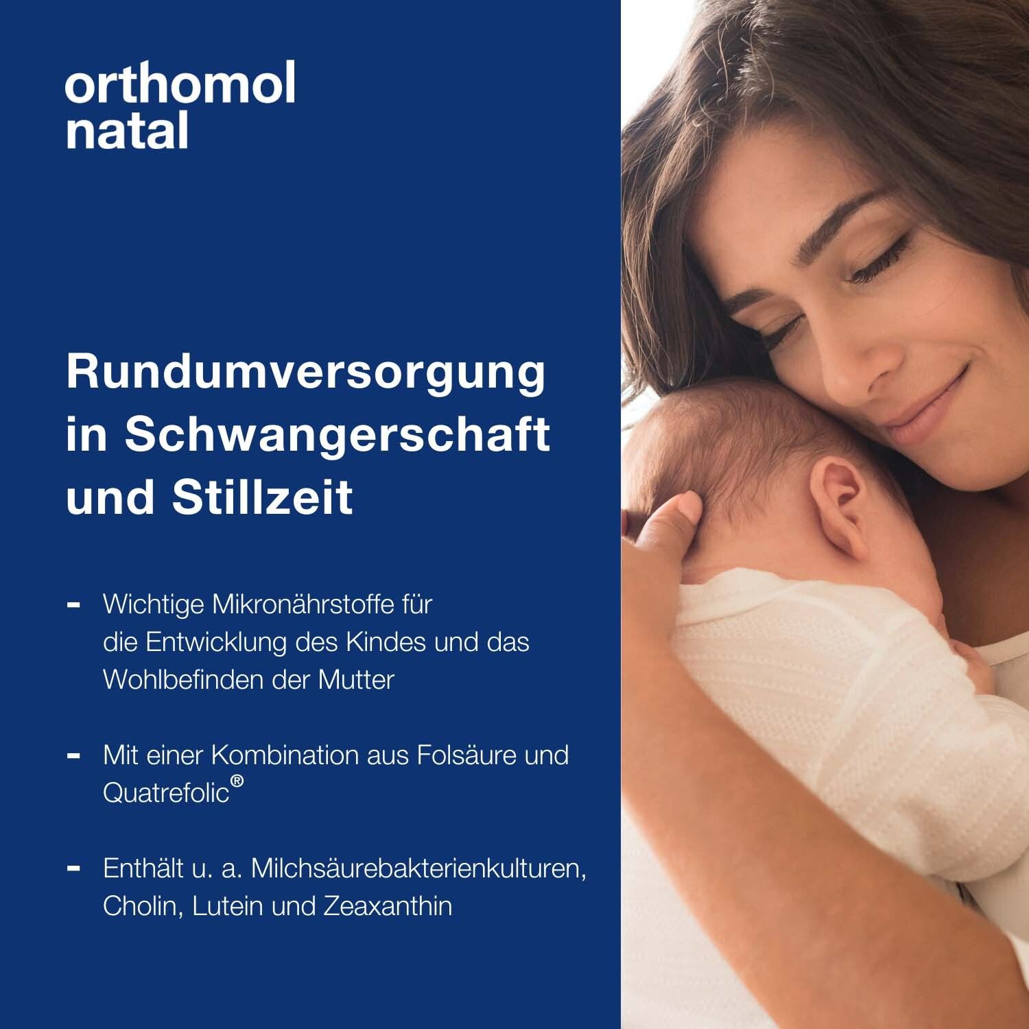 Frau hält Baby im Arm. Text: Rundumversorgung in Schwangerschaft und Stillzeit. Mikronährstoffe für Mutter und Kind.
