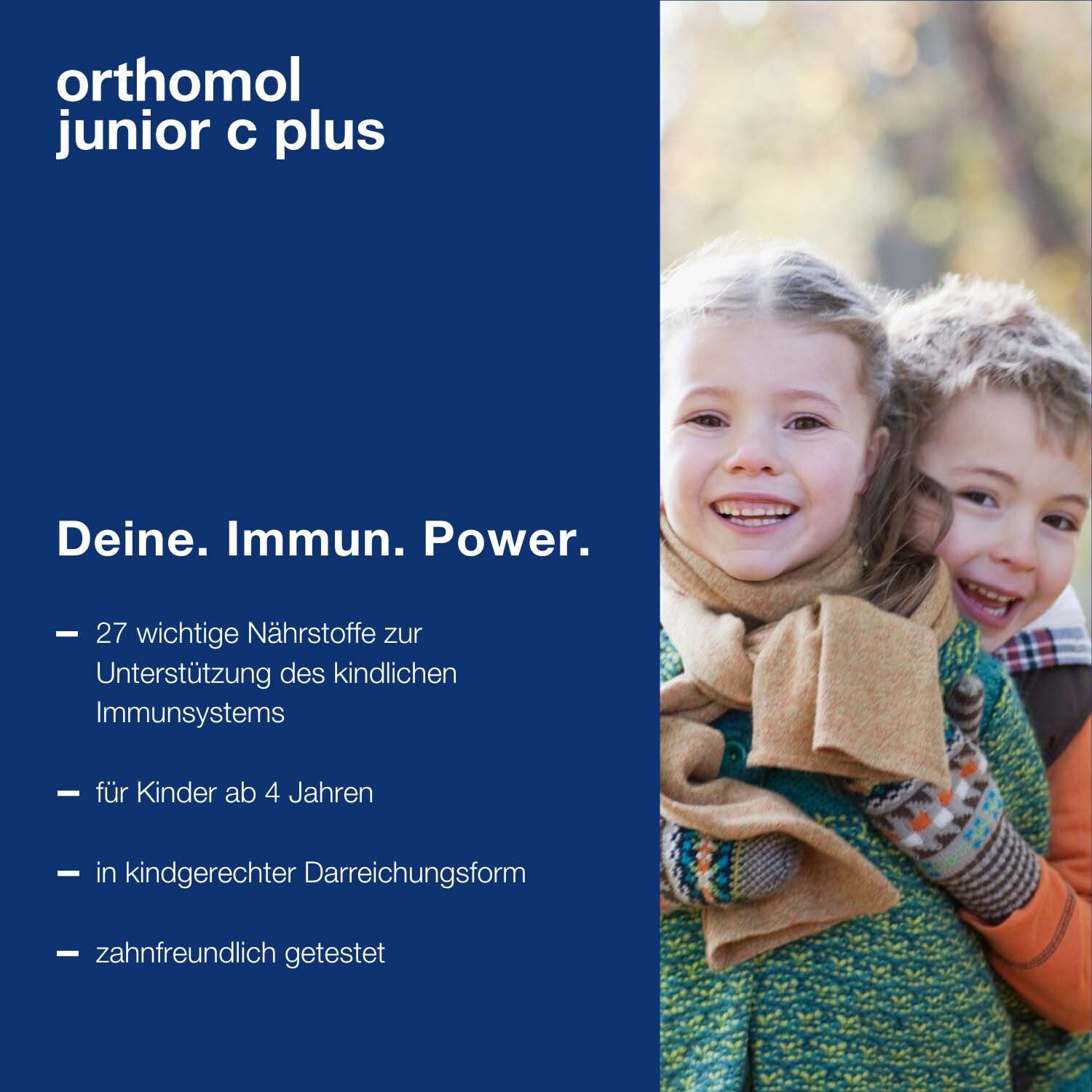 Deux enfants souriants. Texte : Votre. Immun. Power. Orthomol junior c plus. 27 nutriments pour enfants dès 4 ans.