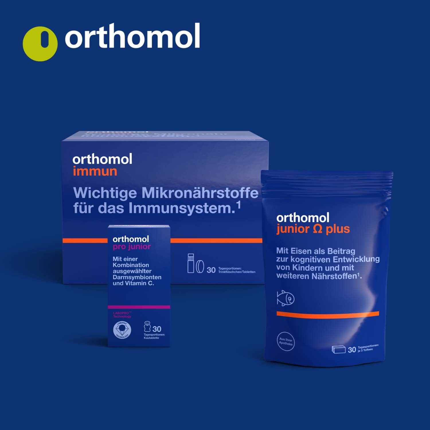 Trois emballages de produits Orthomol. Orthomol junior C plus, Orthomol Immun, Orthomol junior Omega plus.