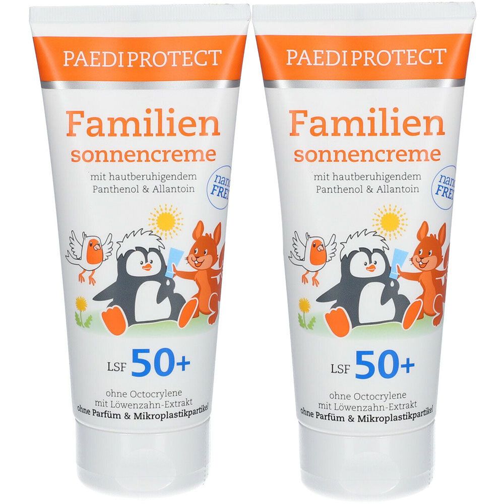 Zwei Tuben Sonnencreme. Aufschrift: PAEDI PROTECT, Familien sonnencreme, LSF 50+. Illustrationen von Tieren.