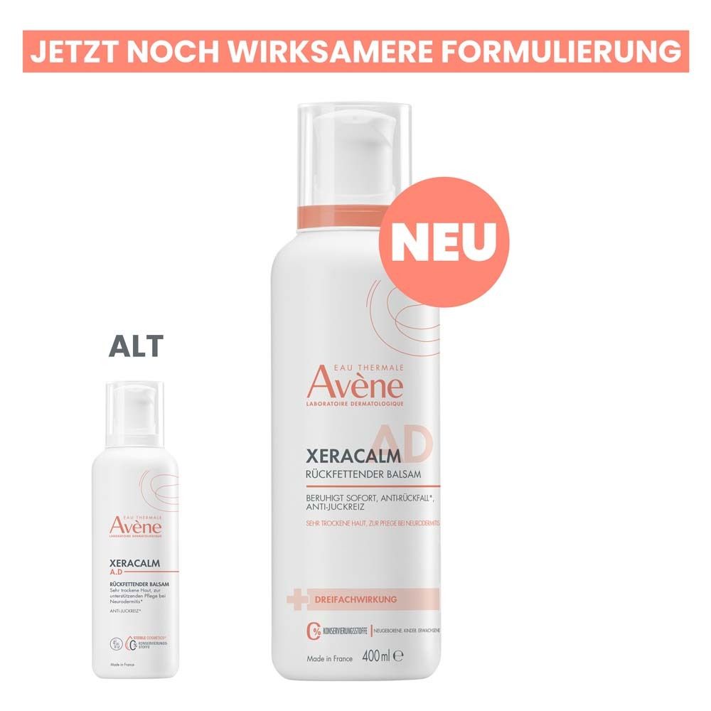 Vergleich von alter und neuer Formulierung von Avène XeraCalm A.D Balsam. Neue Formulierung mit 'NEU' gekennzeichnet.