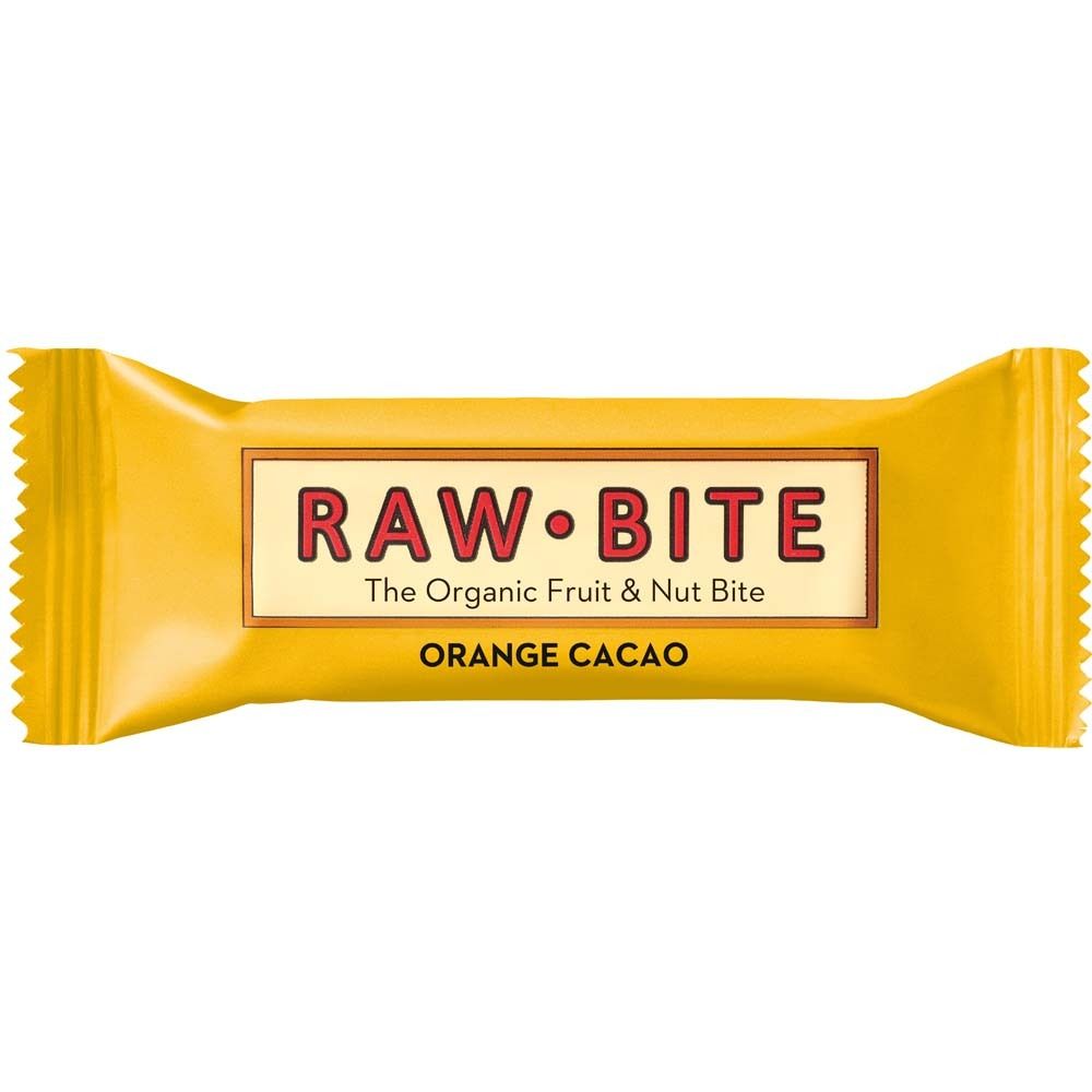 Gelbe Verpackung mit Aufschrift RAW BITE, Orange Cacao. Riegelform.