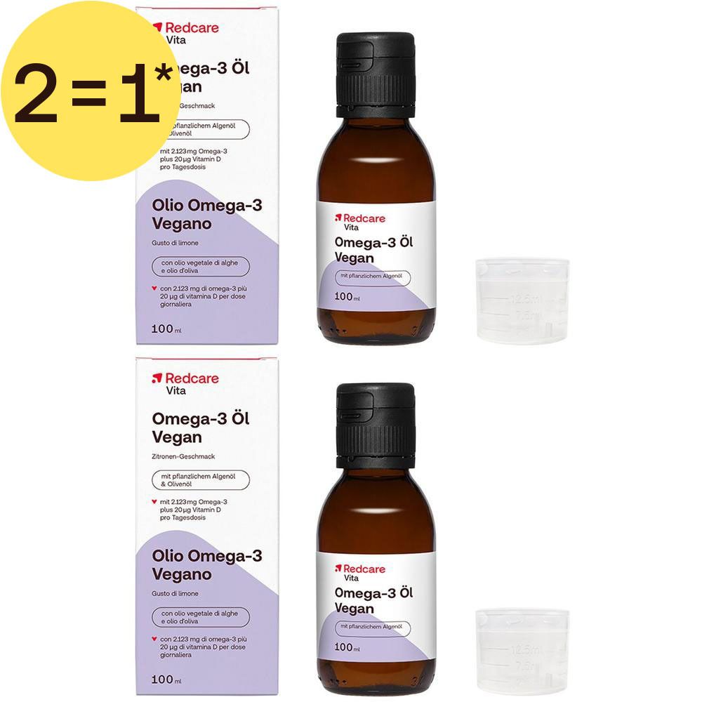 Deux flacons d'huile Redcare Vita Oméga-3 Vegan (100ml) et deux boîtes.