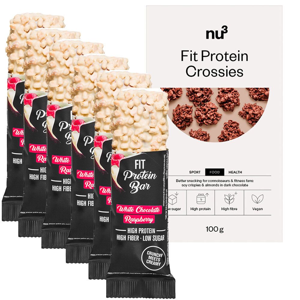 6 x nu3 Fit Protein Bar, White Chocolate Raspberry + nu3 Fit Protein Crossies