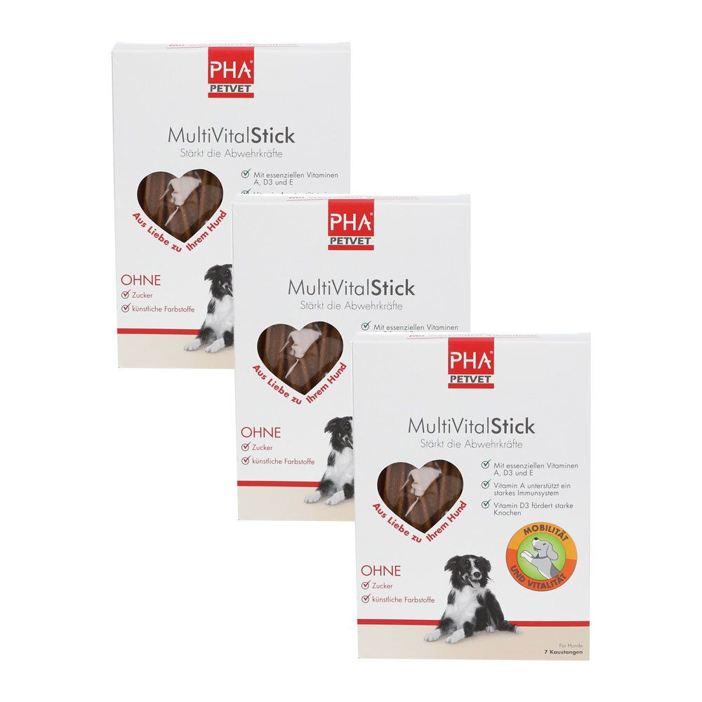 Drei weiße Produktverpackungen mit dem Logo PHA PETVET und der Aufschrift MultiVitalStick. Abbildung eines Hundes.