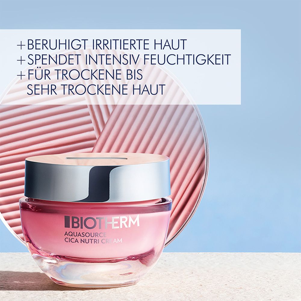 BIOTHERM Aquasource Cica Nutri Creme-Tiegel. Textfeld mit Text: Beruhigt irritierte Haut, spendet Feuchtigkeit.