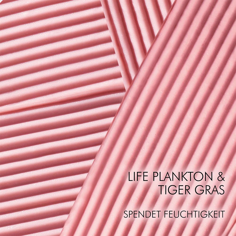 Rosa, geriffelte Oberfläche mit Text: Life Plankton & Tiger Gras. Spendet Feuchtigkeit.