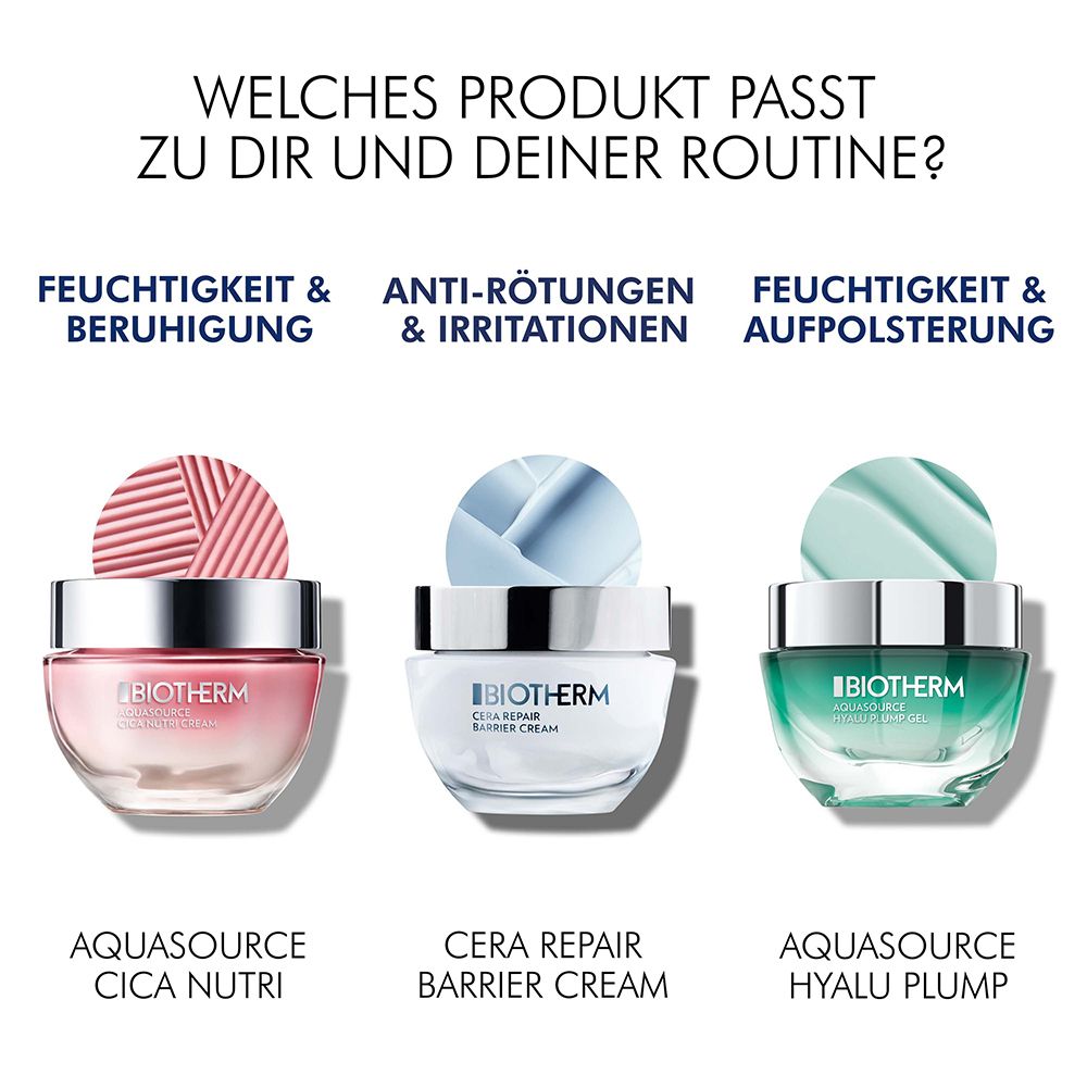 Drei Tiegel: Aquasource Cica Nutri, Cera Repair Barrier Cream, Aquasource Hyalu Plump. Text: Welche Produkte passen?
