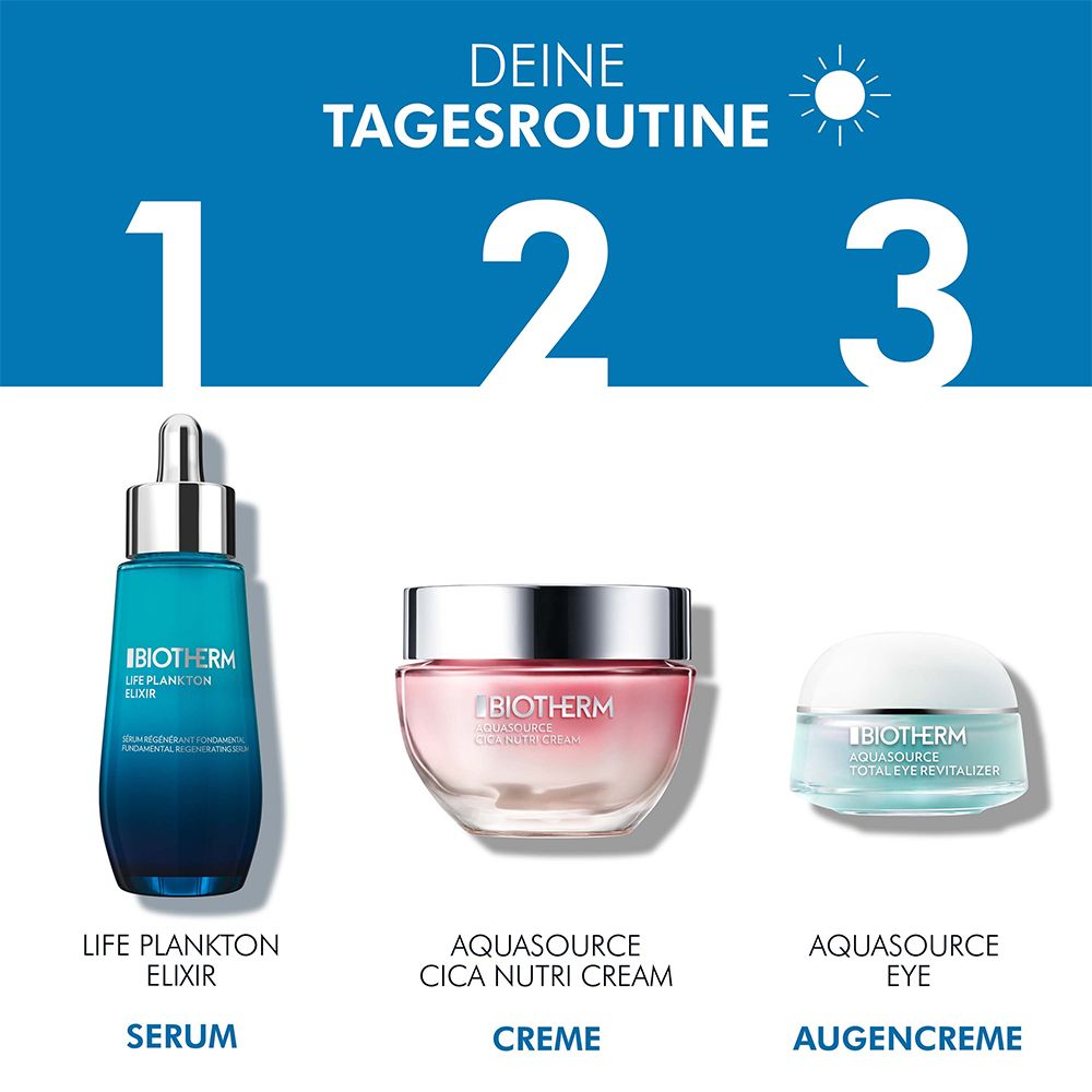 Drei Produkte: Life Plankton Elixir, Aquasource Cica Nutri Creme, Aquasource Eye. Text: Deine Tagesroutine.