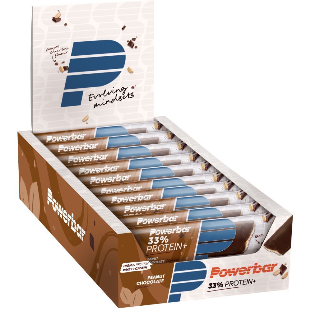 PowerBar® Proteinriegel in Kartonverpackung. Aufdruck: 33% Protein+, Erdnuss-Schoko. Blaue und braune Verpackung.