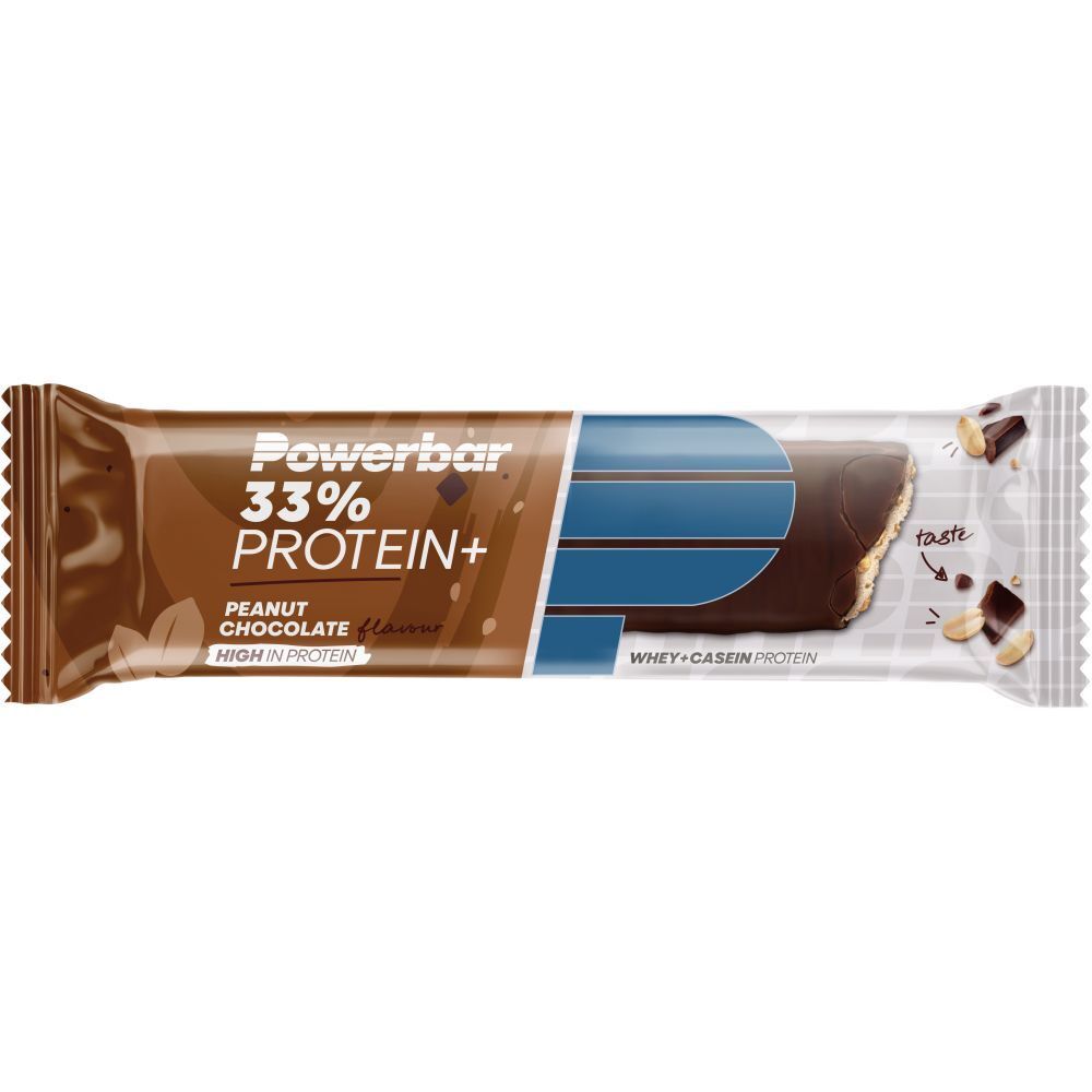 PowerBar® Proteinriegel, Erdnuss-Schoko. Aufdruck: 33% Protein+. Braune Verpackung mit blauem Streifen.