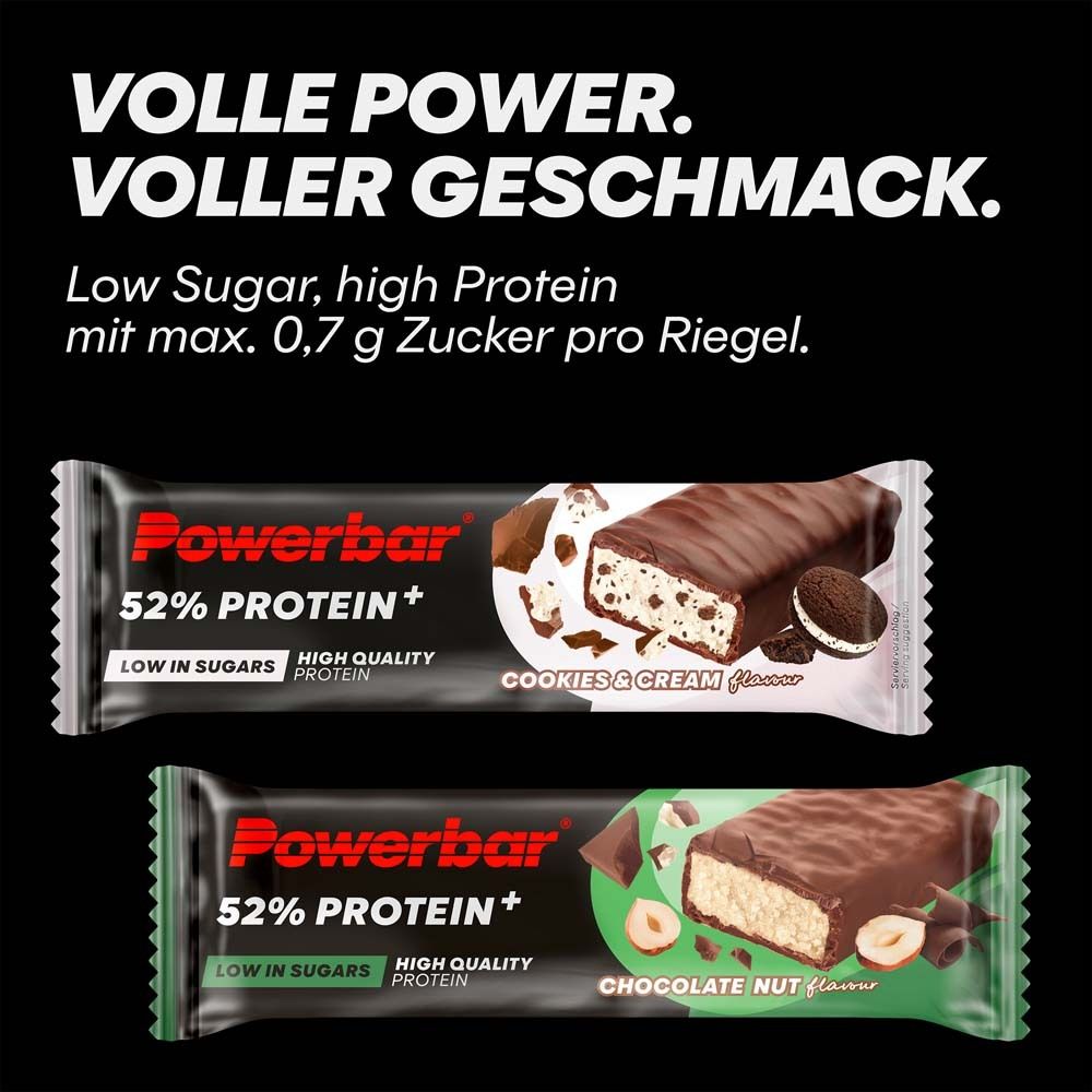 Deux barres protéinées PowerBar 52%. En haut: Cookies & Cream. En bas: chocolat-noix. Texte: Pleine puissance. Pleine saveur. Faible teneur en sucre.