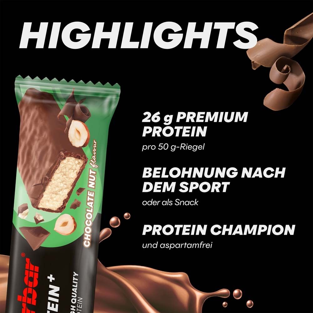 Barre protéinée PowerBar 52%, chocolat-noix. Texte: 26g de protéines, récompense après le sport, champion des protéines. Design chocolat.