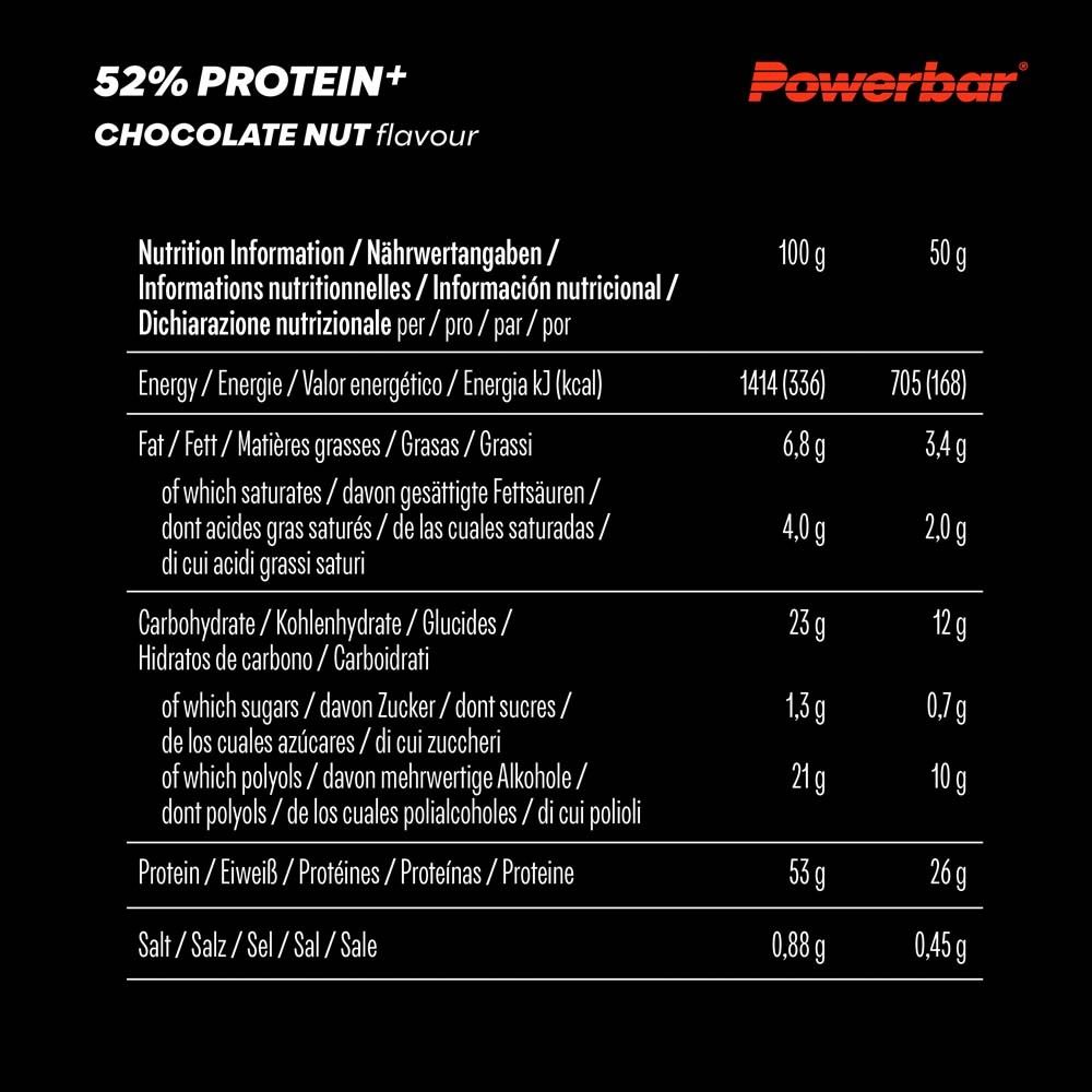 Tableau nutritionnel pour la barre protéinée PowerBar 52%. Informations pour 100g et 50g. Contient des informations sur l'énergie, les graisses, les glucides, les protéines et le sel.