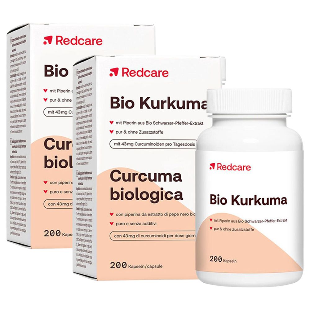Zwei Kartons und eine Flasche Redcare Bio Kurkuma Kapseln. Aufschrift: Curcuma biologica, 200 Kapseln.