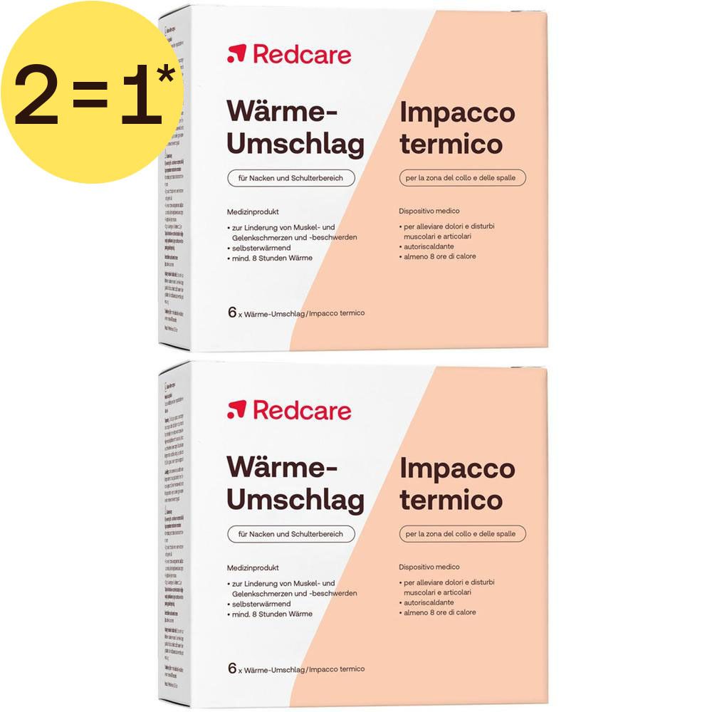 Deux paquets de compresses chauffantes Redcare pour la nuque et les épaules, chaque paquet contient 6 compresses.