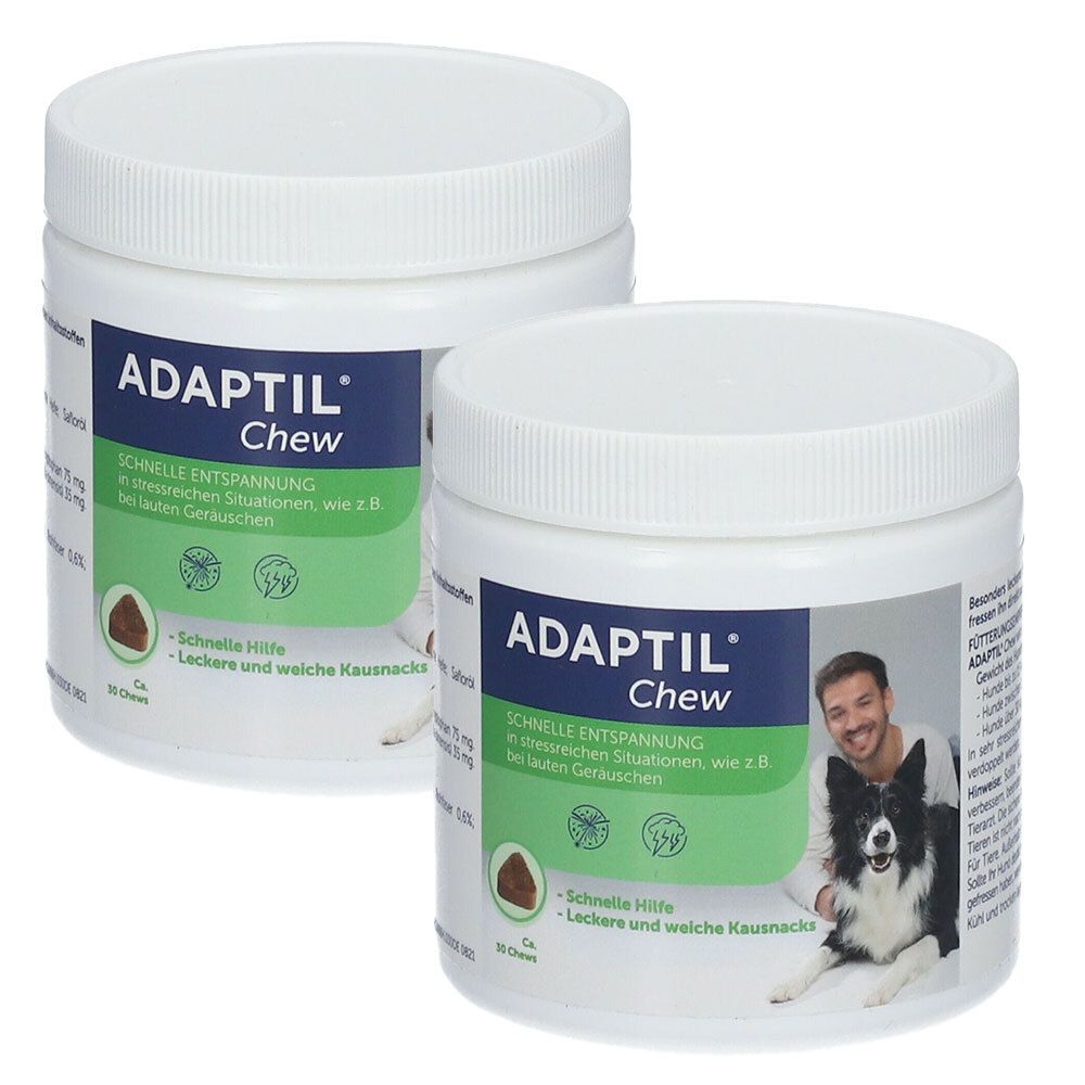Zwei weiße Behälter mit Deckel. Auf dem Etikett steht ADAPTIL Chew. Aufschrift: Schnelle Entspannung in stressigen Situationen. Abgebildet sind ein Hund und ein Mann.