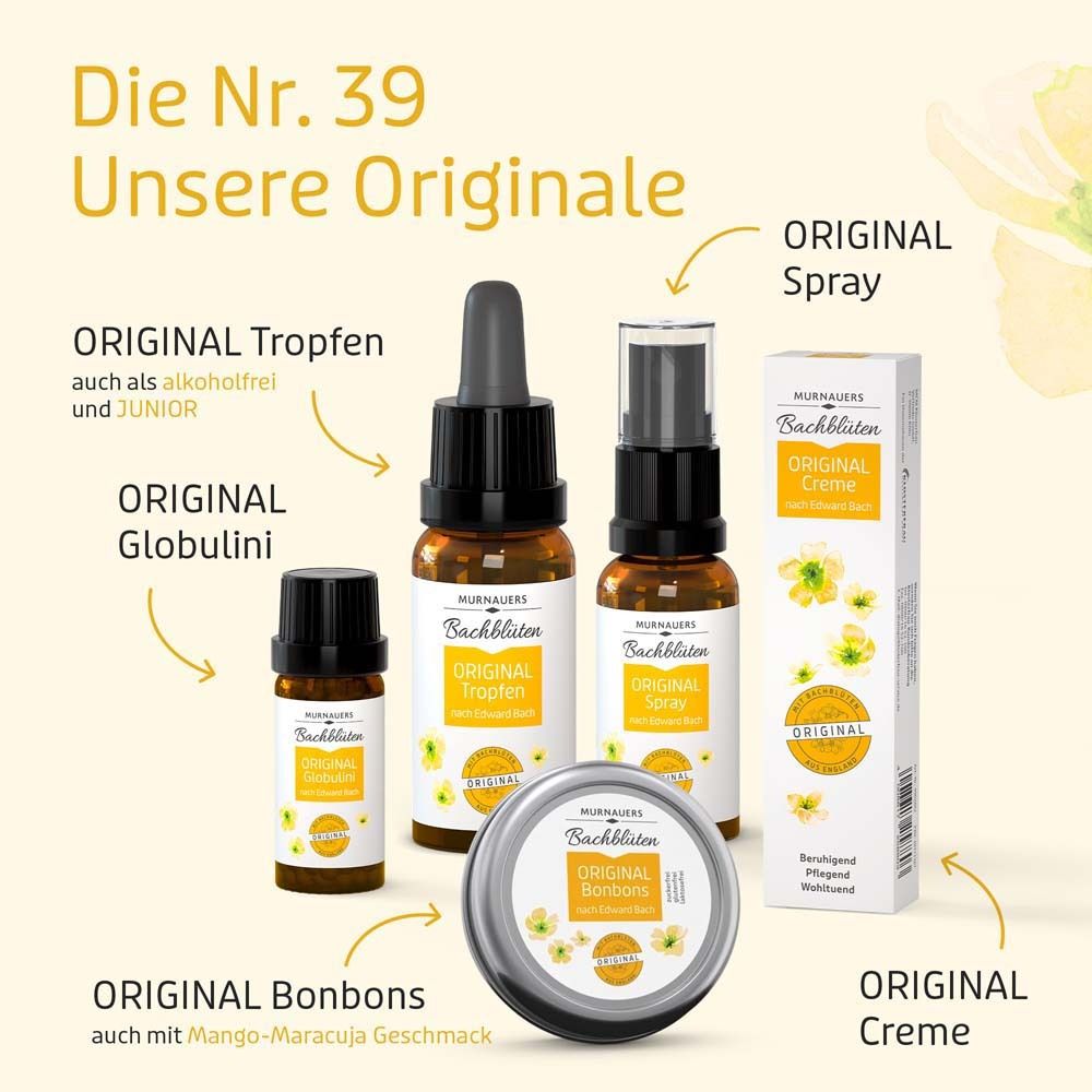 Différents produits : gouttes, spray, crème, bonbons, globules. Texte : ORIGINAL. Marque : MURNAUERS Bachblüten.