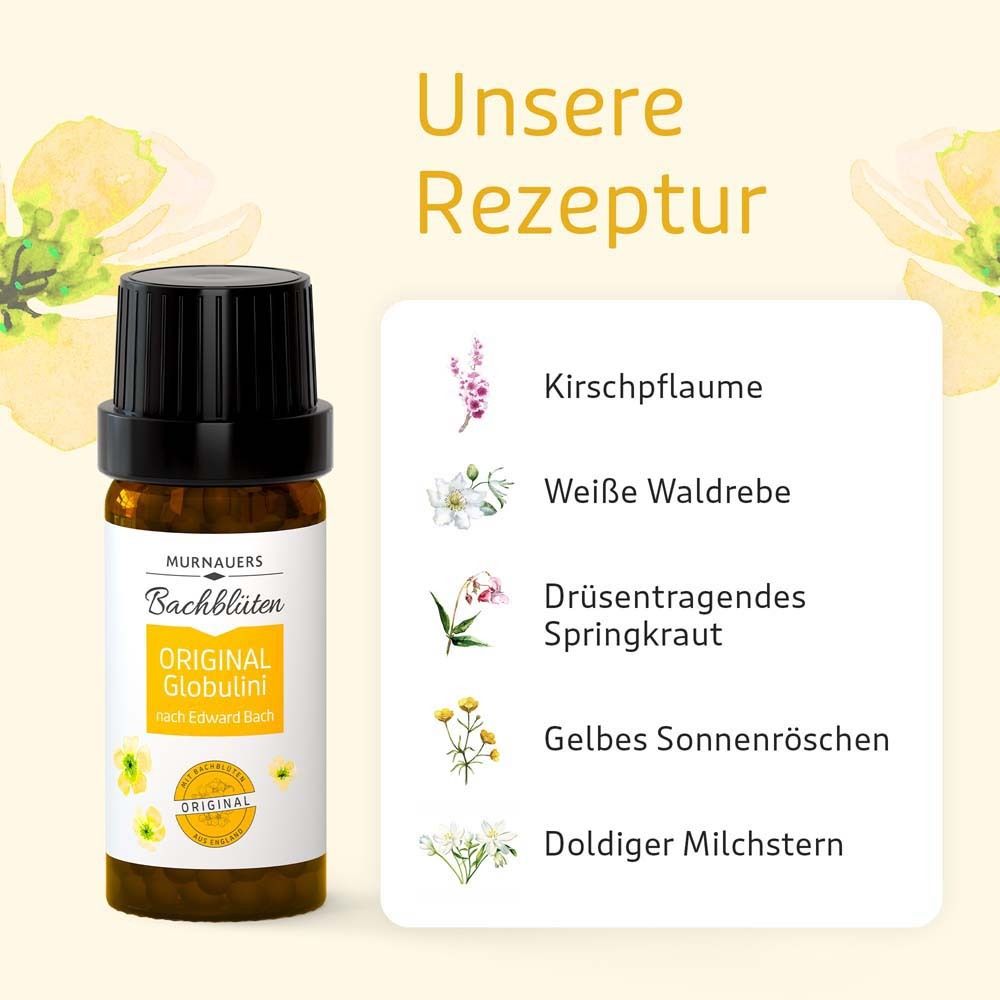 Flacon brun avec bouchon noir. Texte : "Murnauers Bachblüten Original Globulini". Liste de fleurs.