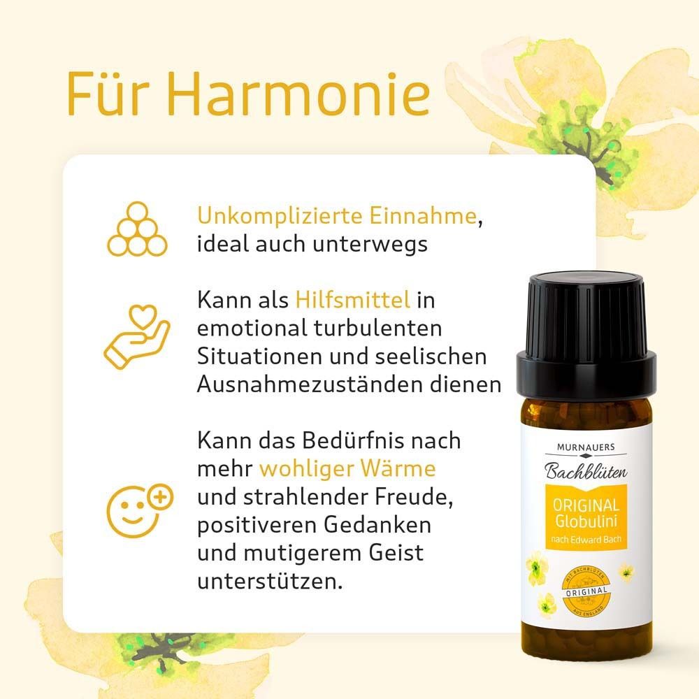Flacon brun avec bouchon noir. Texte : "Murnauers Bachblüten Original Globulini". Symboles d'harmonie.