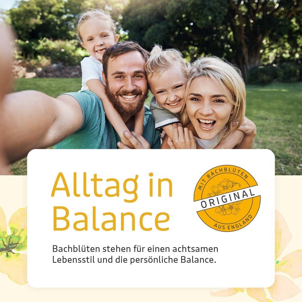 Famille dans le jardin. Texte : "Alltag in Balance". Logo "Original".