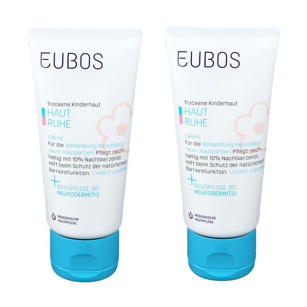 Deux tubes de crème EUBOS Haut Ruhe, blanc et bleu, avec texte et logo. Soin médical de la peau.
