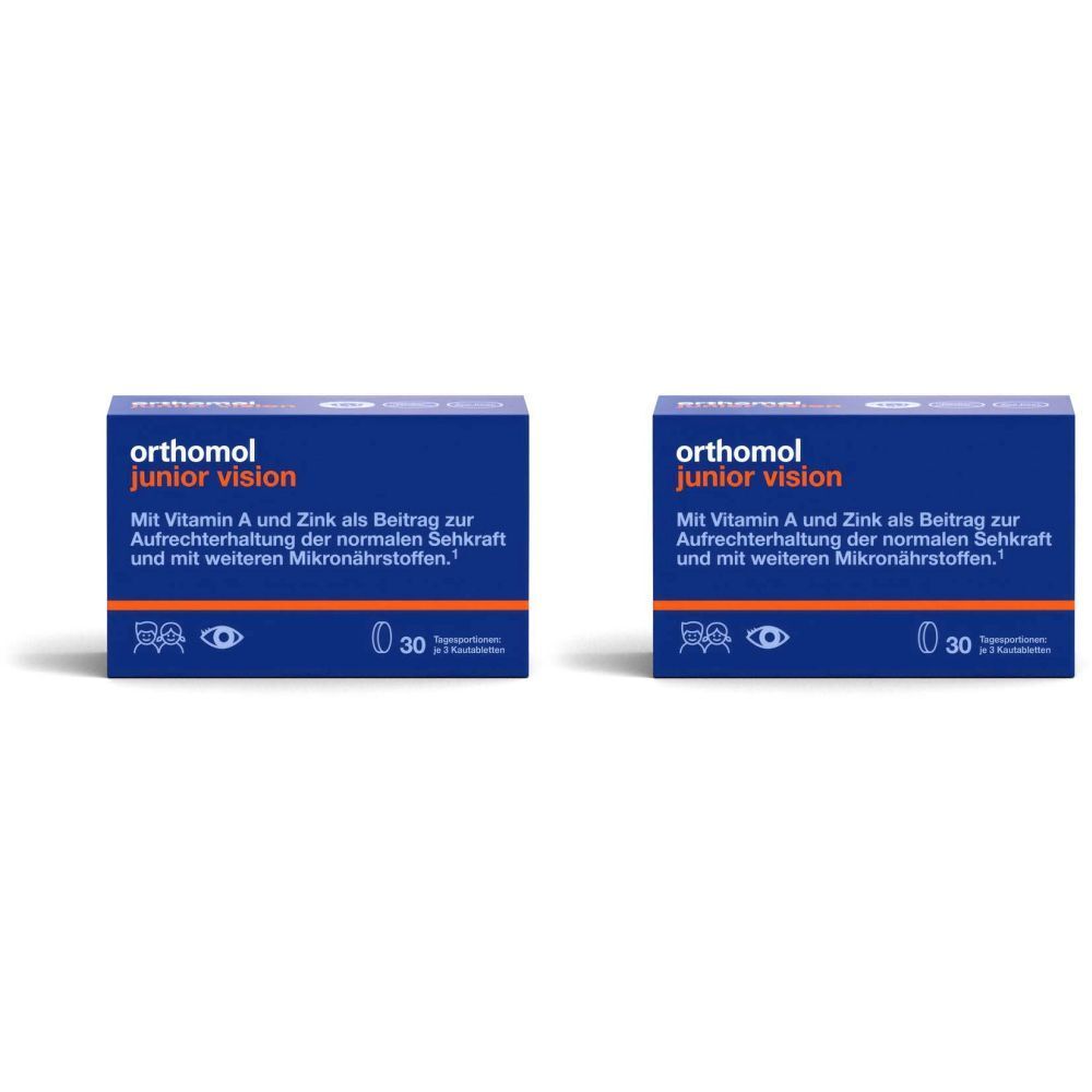 Deux boîtes bleues Orthomol junior vision. Inscription : Micronutriments pour maintenir la vision chez les enfants. 30 comprimés à croquer.