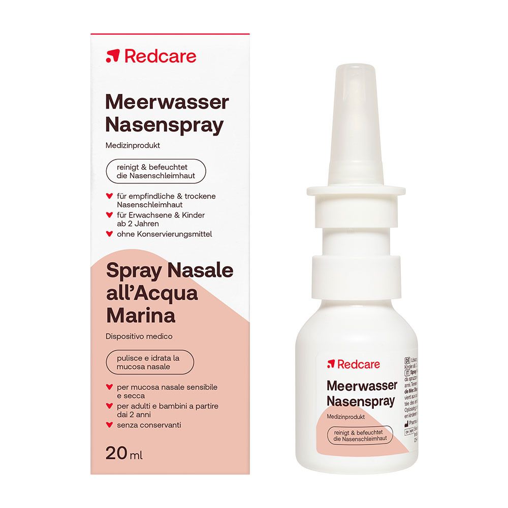 Redcare Meerwasser Nasenspray, 20ml. Medizinprodukt mit Applikator. Reinigt und befeuchtet die Nasenschleimhaut.