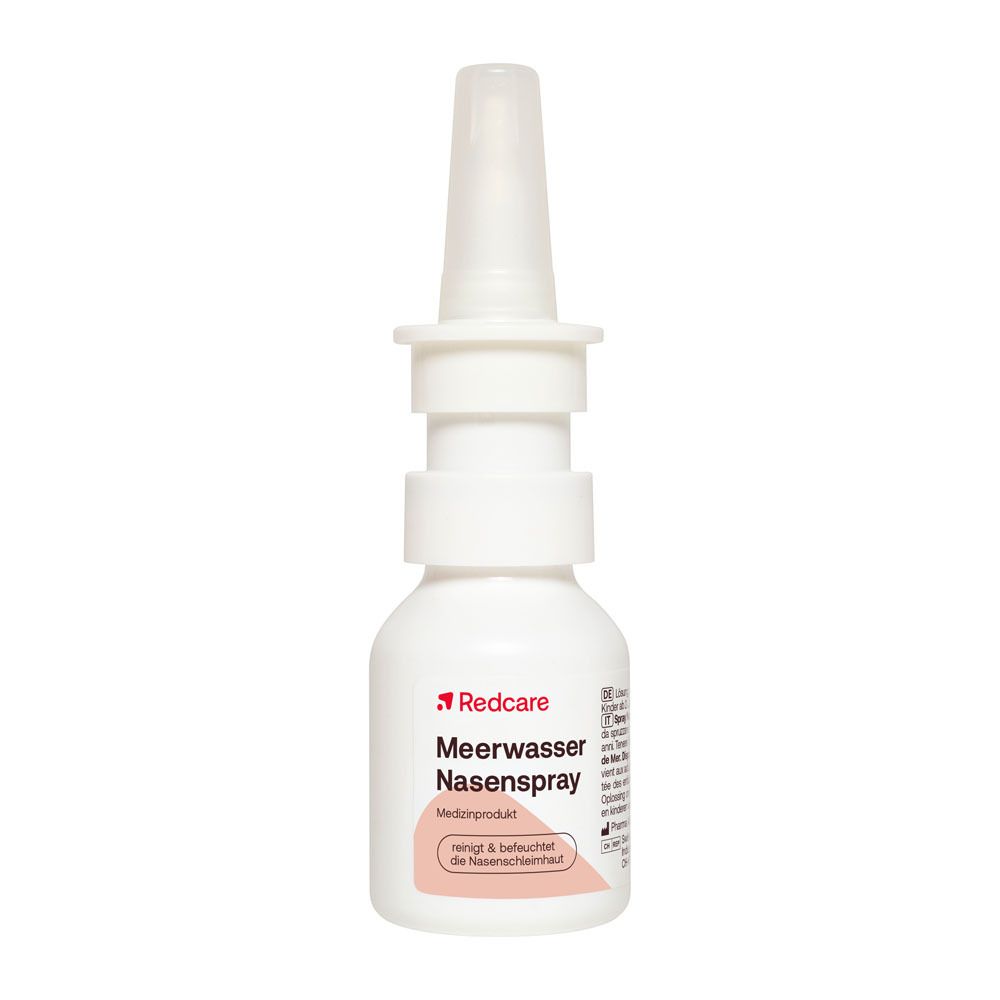 Redcare Meerwasser Nasenspray, 20ml. Weißer Sprühflakon mit weißem Applikator. Medizinprodukt zur Nasenpflege.