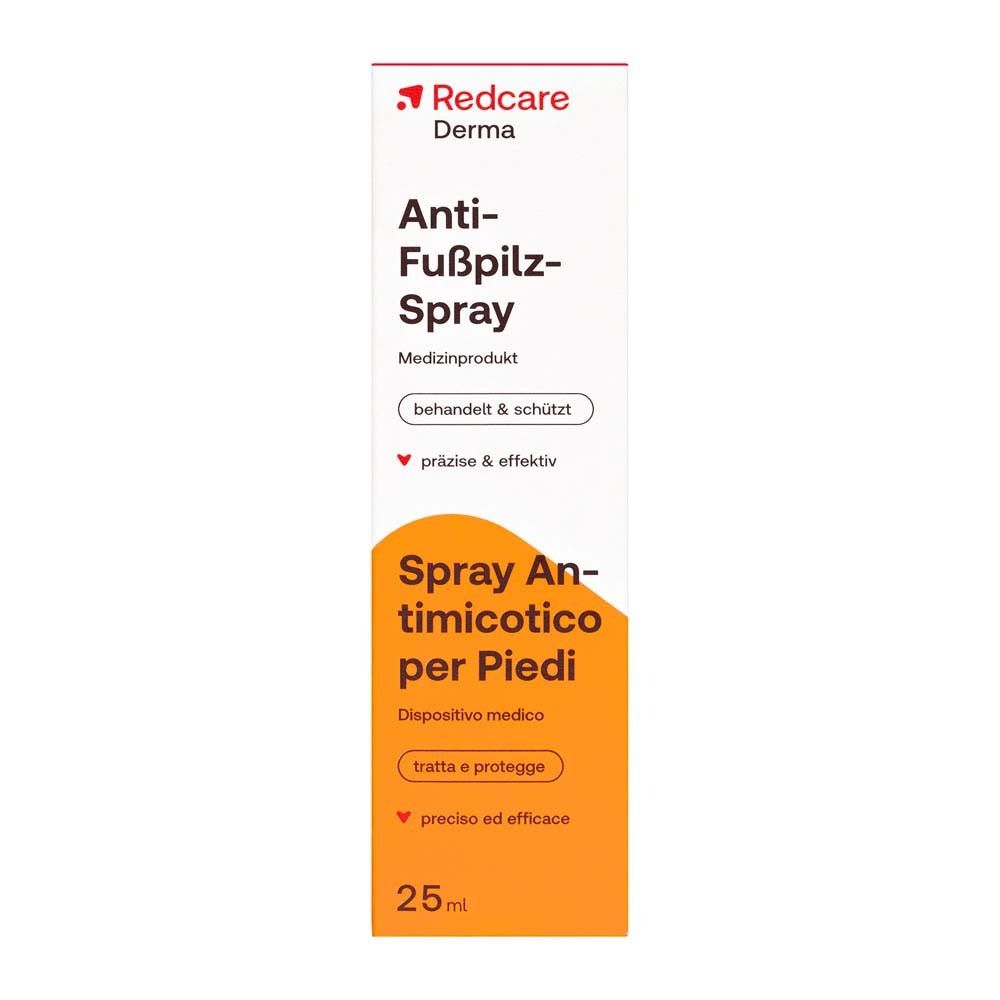 Verpackung von Redcare Derma Anti-Fußpilz-Spray. Produktname, Logo und Inhaltsangabe deutlich sichtbar.