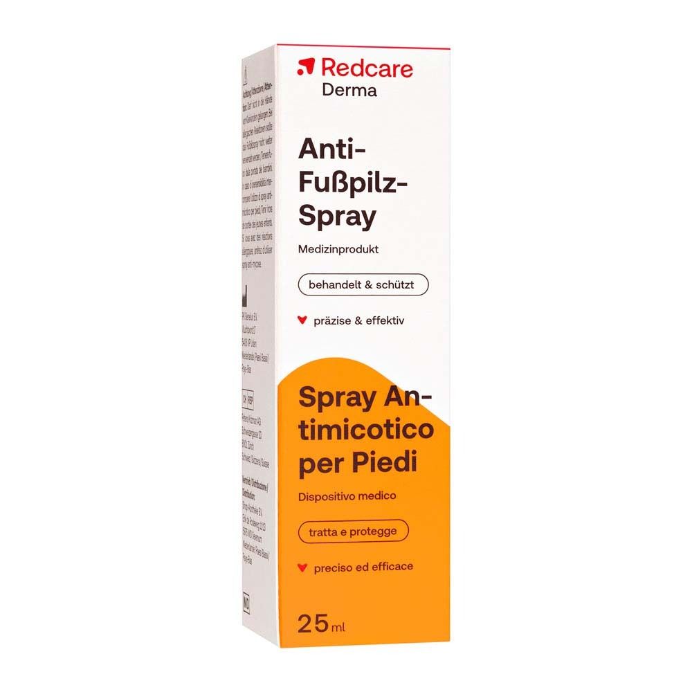 Verpackung von Redcare Derma Anti-Fußpilz-Spray. Produktname, Logo und Inhaltsangabe deutlich sichtbar.