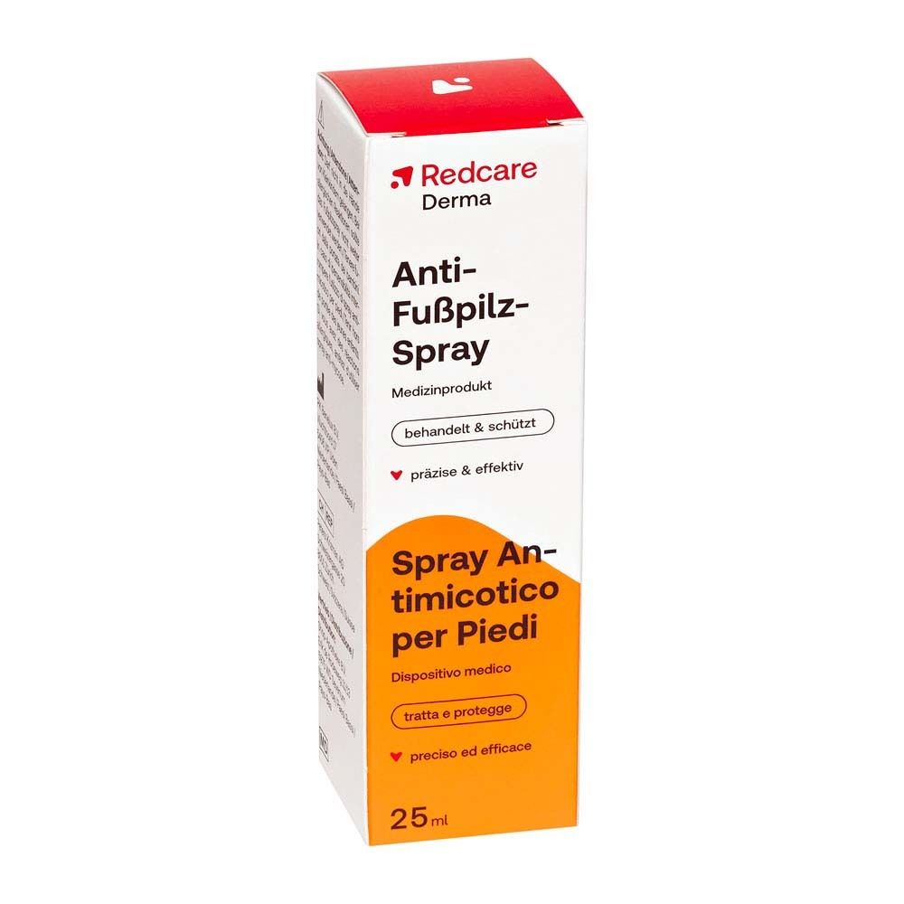 Verpackung von Redcare Derma Anti-Fußpilz-Spray. Produktname, Logo und Inhaltsangabe deutlich sichtbar.