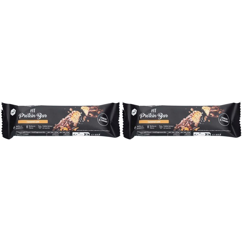 Zwei Proteinriegel in schwarzer Verpackung. Aufschrift: Fit Protein Bar, Salted Caramel. Abbildung des Riegels.