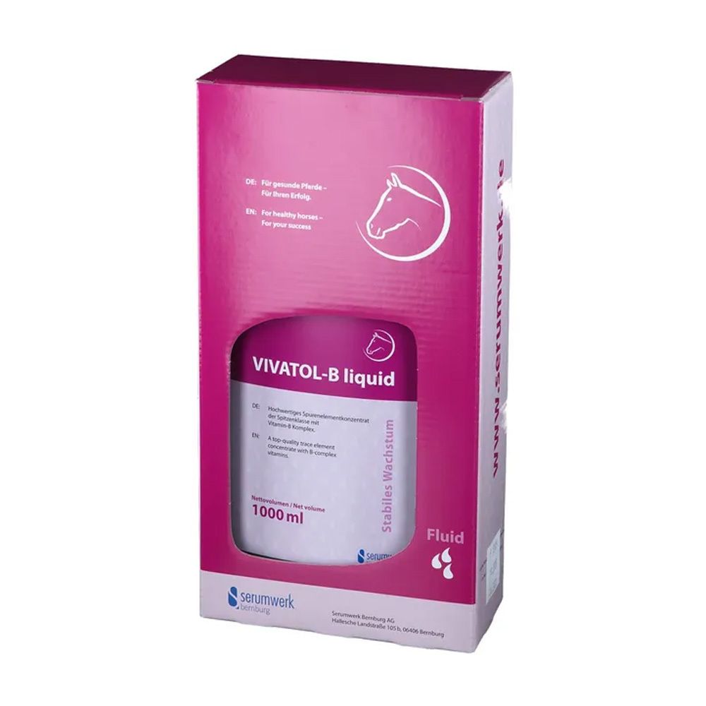 Verpackung von medihorse VIVATOL-B liquid. Rosa Karton mit Produktflasche. Text: VIVATOL-B liquid, 1000 ml, Serumwerk.