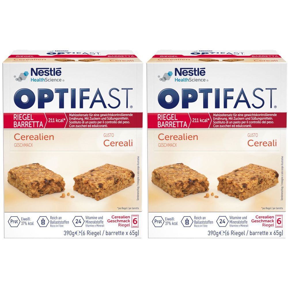 Zwei Packungen OPTIFAST Riegel Cerealien. Aufschrift: Nestlé HealthScience, Riegel Barretta, Cerealien Geschmack. Sechs Riegel pro Packung.