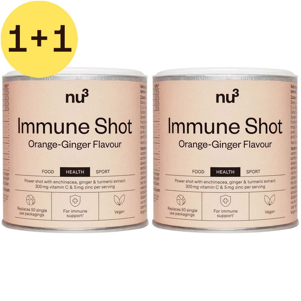 Deux boîtes de nu3 Immune Shot avec autocollant 1+1. Inscription: Immune Shot, Orange-Ginger Flavour. Contient vitamine C, zinc, échinacée, gingembre et curcuma. Vegan.